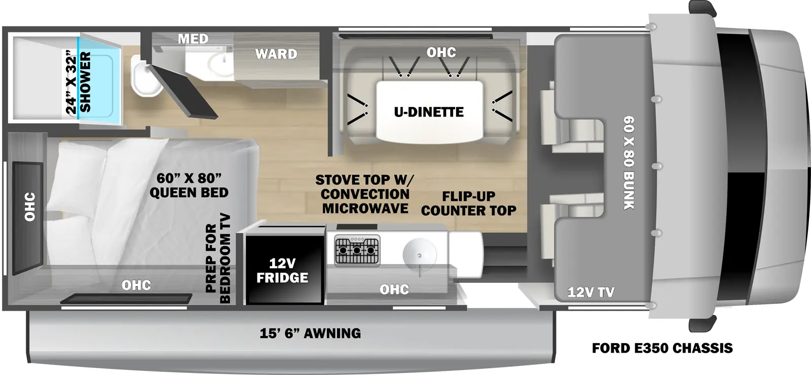 The 2351LE has no slide outs. Exterior features include a 15 ft. 6 in. awning and it is built on the Ford E-350 chassis. Interior layout from front to back includes: front 60 x 80 cab over bunk with 12V TV; off-door side U-Dinette with overhead cabinet; door side kitchen with 12V refrigerator, stovetop with convection microwave, sink, overhead cabinet and countertop extension; wardrobe across from refrigerator; rear off-door side corner bathroom with 24 x 32 shower, toilet, vanity and medcine cabinet; door side corner 60 x 80 Queen bed with prep for bedroom TV.